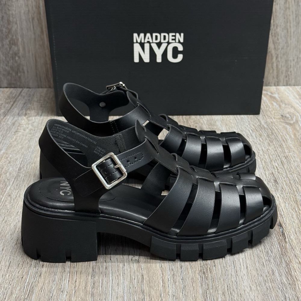 Madden NYC Chunky Fisherman Sandals Womens 8.5 Black Shoes Lug Rubber Sole w/Box